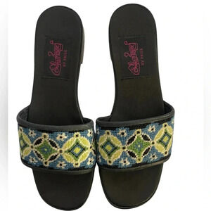 PAIGE Needlepoint Sandals Blue Yellow Leather Lined Women’s Shoes Size 8 8.5